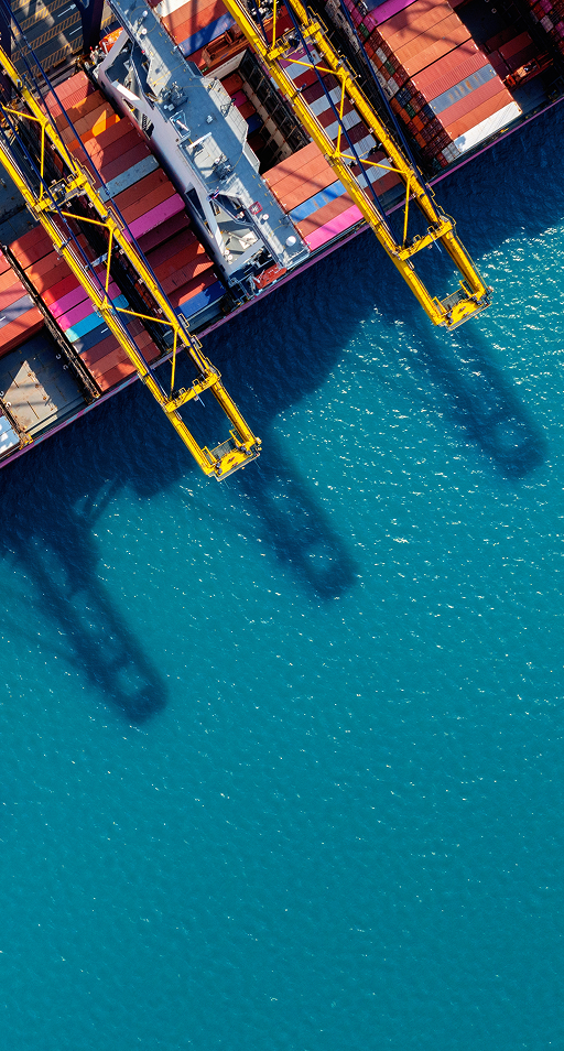 Image of a partially loaded cargo ship, with its shadow seen on the sea, showing Gold Goat’s prominent role in importing goods from across the world 